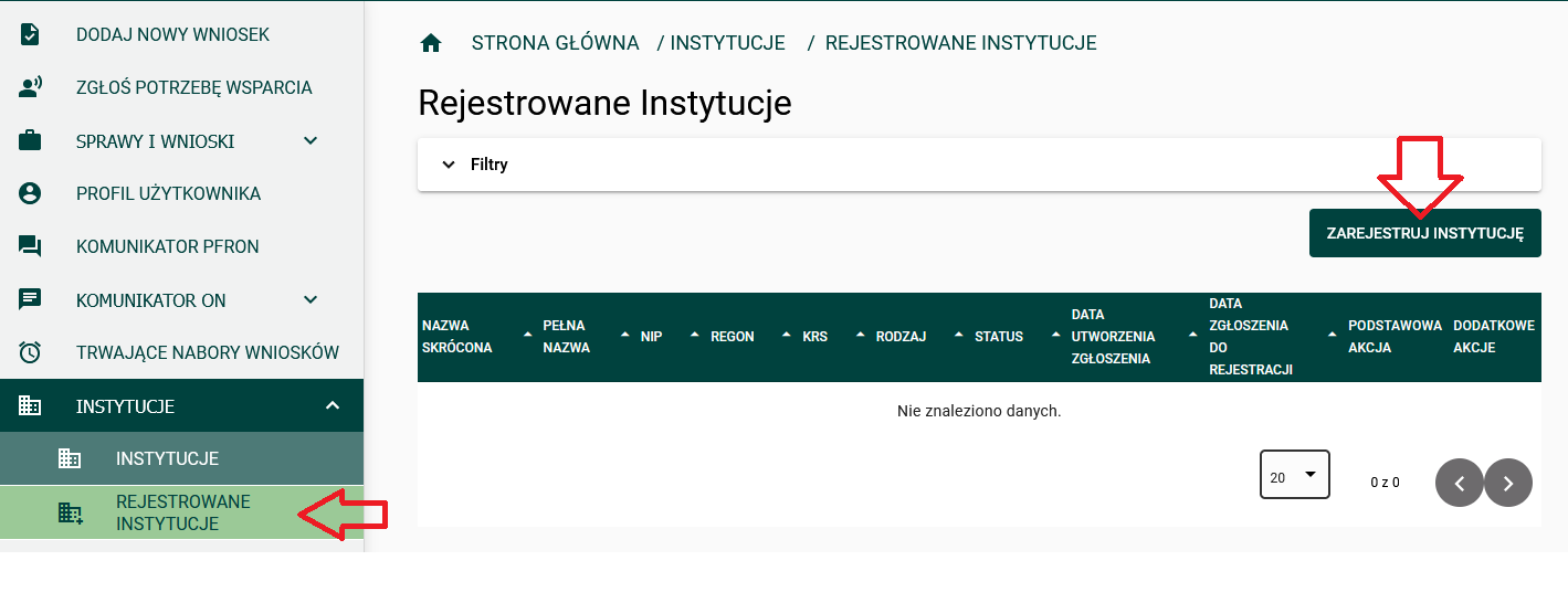 Zrzut ekranu z widoczną zakładką Rejestrowane Instytucje i oznaczonym przyciskiem "zarejestruj instytucję".
